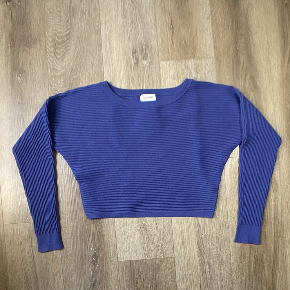 Open Edit Crew Neck Ribbed Sweater in Blue M